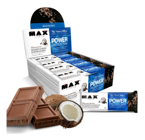 Barra Proteína Max Titanium Power Protein Whey Bar Cx 12 Un Sabor Chocolate com coco