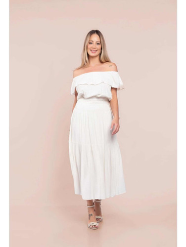 Imagem 2 de 6 de Vestido Midi Ombro A Ombro Lastex Off White Casamento Civil