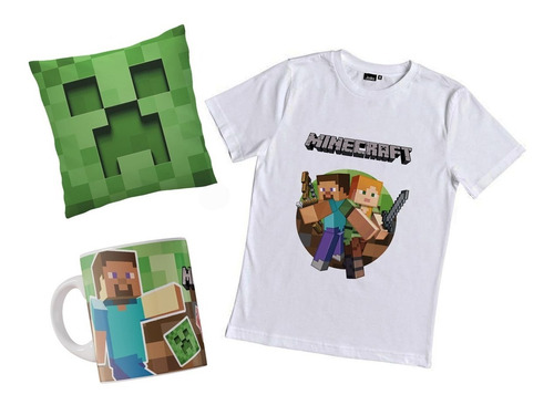 Remera Videojuegos Craft Regalo Combo Con Taza Y Almohada