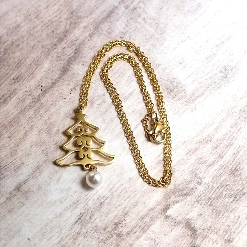 Imagen 6 de 7 de Collar Mujer Dije Árbol Navidad Colgante Regalo Acero Dorado