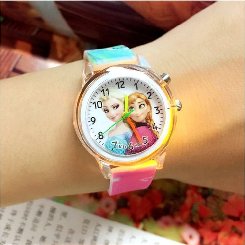 Reloj Frozen Princesas Ana Y Elsa Con Luz Niñas Infantil Correa Rosa Chicle Bisel Plateado