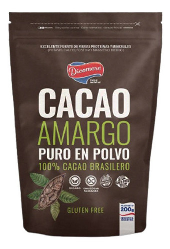 Cacao Amargo Puro En Polvo 200g Dicomere Sin Azucar Sin Tacc