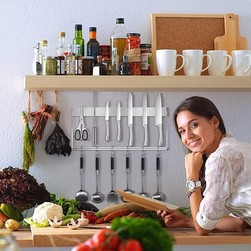 Imagen 6 de 8 de Kit Soporte Porta Cuchillos De Pared Magnetico Con Ganchos