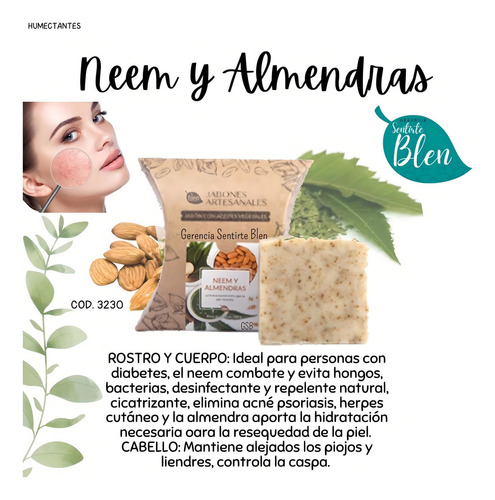 Jabón Artesanal Neem Y Almendras Piel Sensible Seca Hidrata