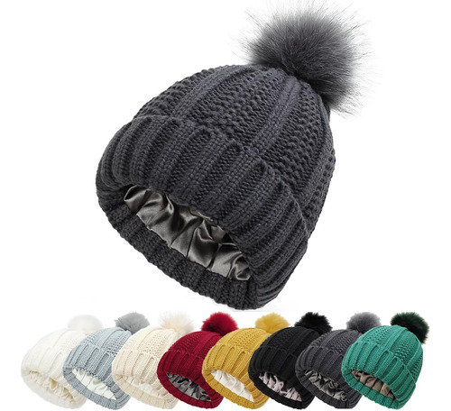 Gorro Con Forro De Satén Con Pompones Esponjosos, Gorro Gris Oscuro Talla Única