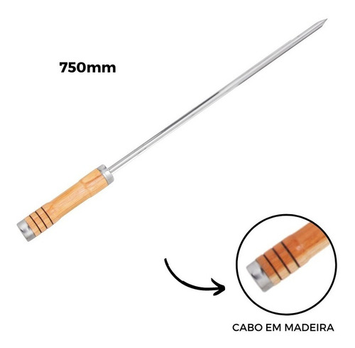 Espeto Galeto Vincado Inox 304 Cabo Em Madeira 75cm