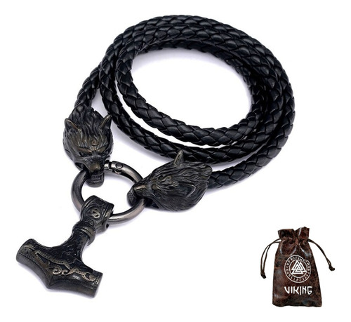 Collar Vikingo Martillo Lobo Thor Estilo Nórdico Cuero