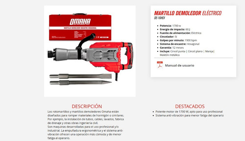 Imagen 4 de 5 de Martillo Demoledor Omaha De-16hex 1700 W 60 Joules Maletín Cinceles