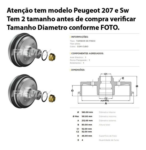 Tambor De Freio Traseiro 180mm Peugeot 206 1.0