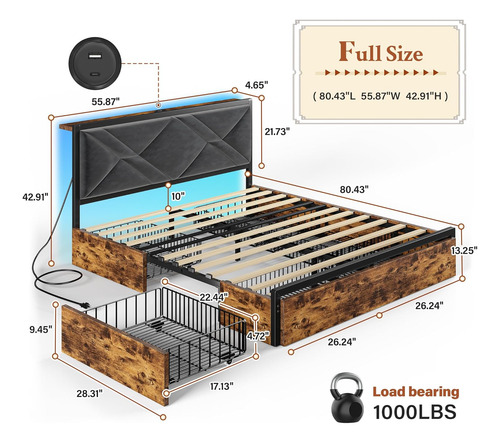 Base De Cama Matrimonial Con Luz Led,6 Cajones Marron Marron Vintage