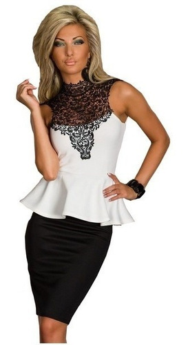 Vestido Blanco Encaje Negro Peplum Va 65