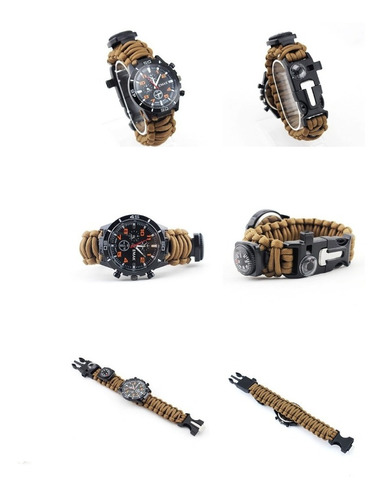 Reloj De Cuerda Paracord Brujula Pedernal Silbato Camping