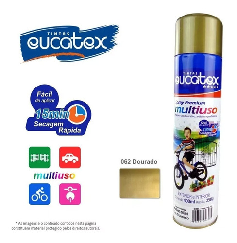 Tinta Spray Multiuso Cor Dourado Brilhante 400ml - Kit 2 Pçs