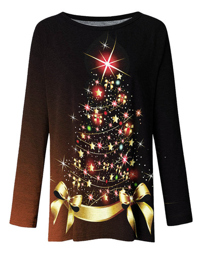 E Tops For Mujer, Estampado Navideño, Cuello Redondo, Talla