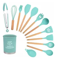 Comprar Jogo 13 Utensílios Cozinha Silicone 32cm Cabo Madeira Kit