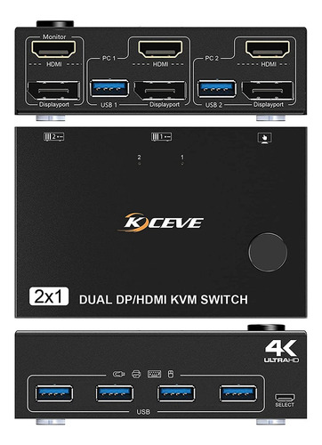 Kvm Switch Splitter Dp - Hdmi Usb 3.0 - 2 Pc En 2 Monitor