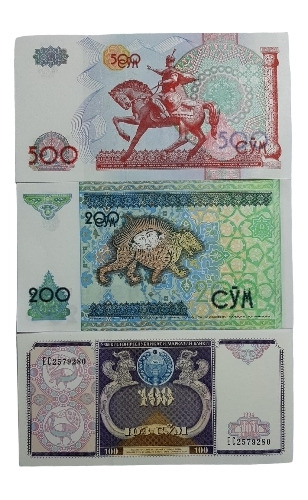 Uzbekistán - Lote De 3 Billetes De 100, 200 Y 500 Som Unc