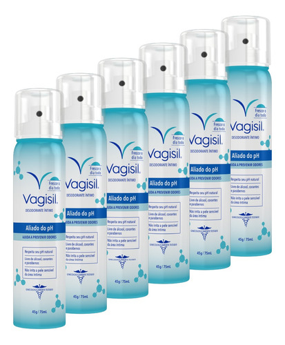 Kit 6 Desodorantes Íntimos Aerosol Vagisil Aliado Do Ph 45g