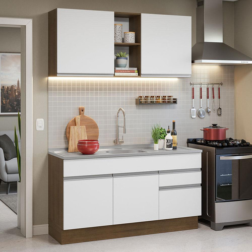 Armário De Cozinha Compacta Com Pia 150cm Glamy Madesa 03r Cor Rustic/Branco