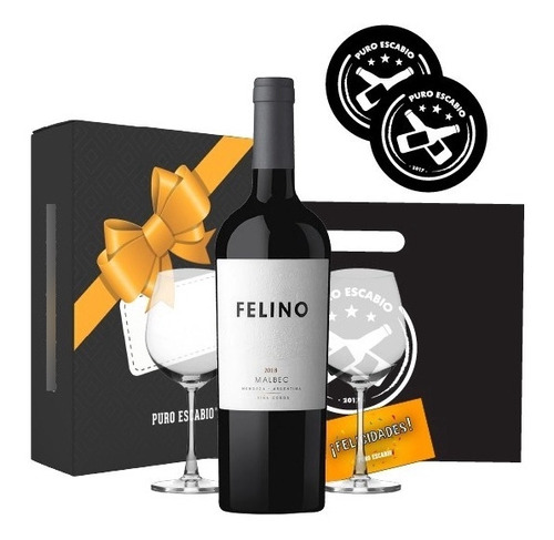 Box Vino Felino Malbec P/regalo + 2 Copas Transparentes