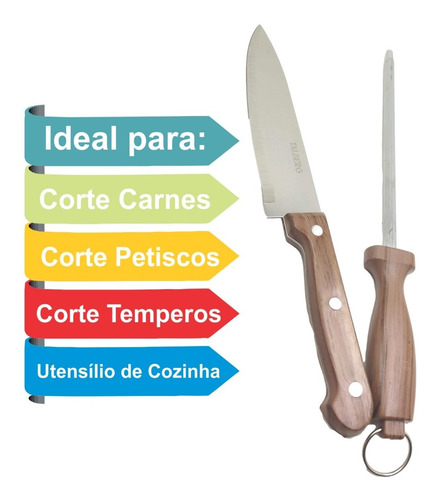 Imagem 5 de 7 de Kit Churrasco Faca Chaira Afiador Aço Inox Cabo Plástico 2pç