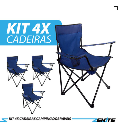 Kit 4 Cadeiras Praia Camping Dobrável Braço C/ Porta Copos + Bolsa Azul Zenite