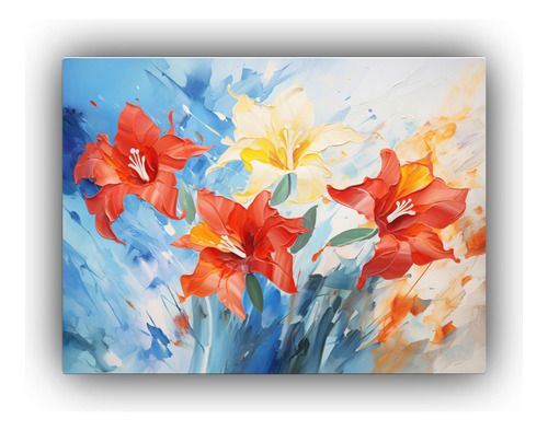 75x50cm Cuadro Abstracto De Narcisos En Rojo Y Azul Flores