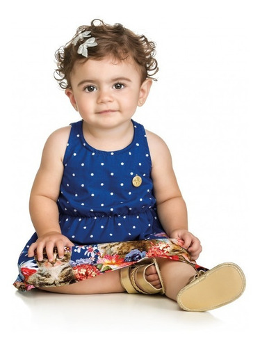 Imagem 1 de 3 de Vestido Bebê Gatinhos Azul 100% Algodão 21740 Elian