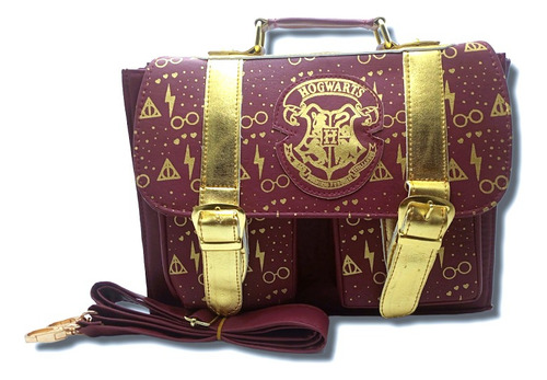 Bolsa Crossbody Harry Potter Hogwarts Acabado De Los Herrajes Oro Color Amarillo Correa De Hombro Rojo Diseño De La Tela Estampado