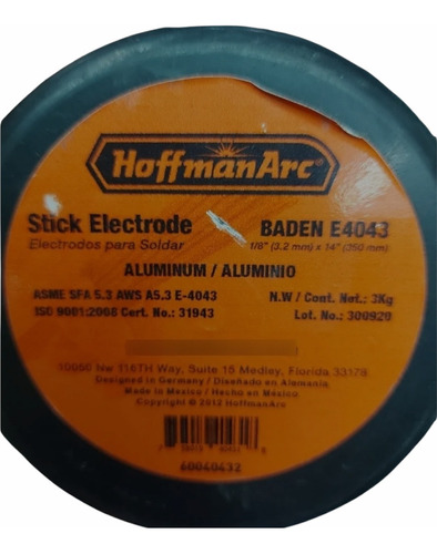 Electrodo De Aluminio E4043 De 1/8 Dos Unidades Hoffman