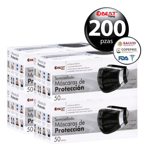 Cubrebocas Tapabocas Termosellado Negro 200 Piezas Plisado