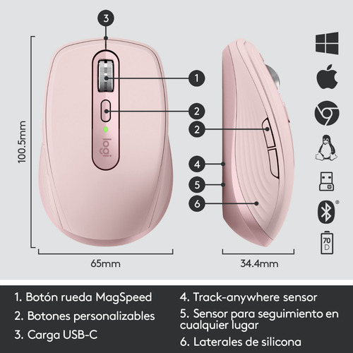 Mouse Compacto De Alto Rendimiento Logitech Mx Anywhere 3 Color Rosa