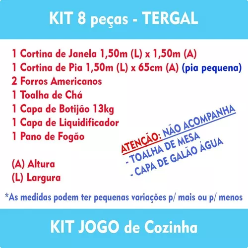 Kit 1 Jogo Cozinha Tergal 8 Peças Cortina Estampado Promoção