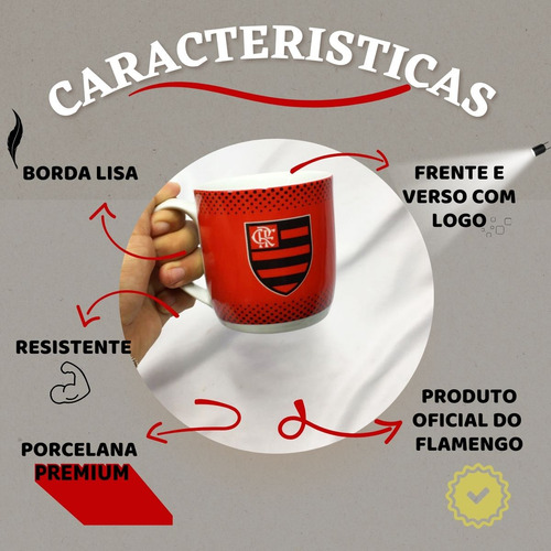Caneca Porcelana Vermelha 300ml Sigla Crf Time Flamengo Selo