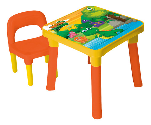 Mesinha Infantil Com Cadeira Turma Do Dino 0490 Monte Libano Cor Laranja-Amarelo
