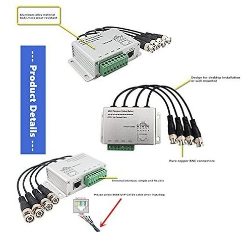 Transceptor Pasivo Beelion Balun Hd De 4 Canales Con Bnc Con
