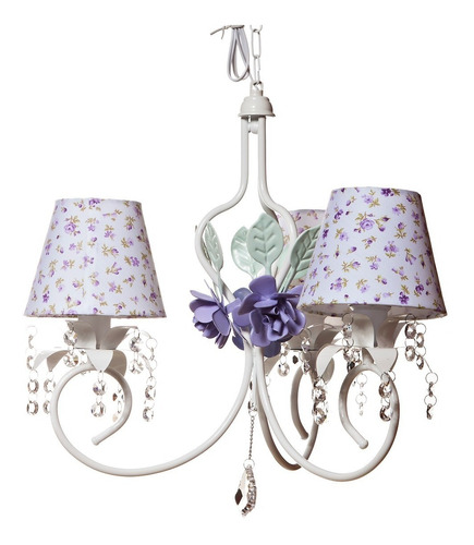 Lustre 3 Lâmpadas Provençal Cristais Flores Lilás Bebê