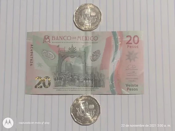 Este Billete Nuevo De 20 Pesos Y Dos Monedas 20 Conmemorativ