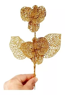 Flor Orquídea Natal Dourado Com Glitter Enfeite Decoração