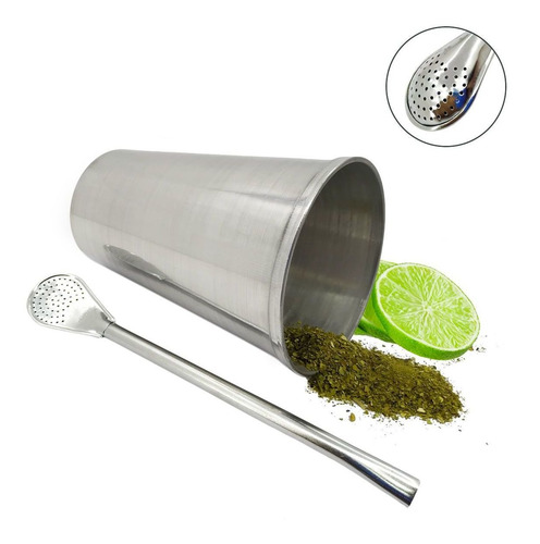 Imagem 1 de 5 de Kit Copo De Alumínio 500ml E Bomba Tereré Tradicional 19cm