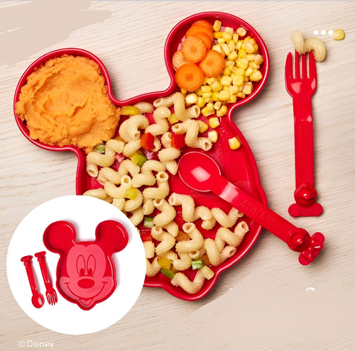 Plato +cubiertos + Botellita Mickey Mouse