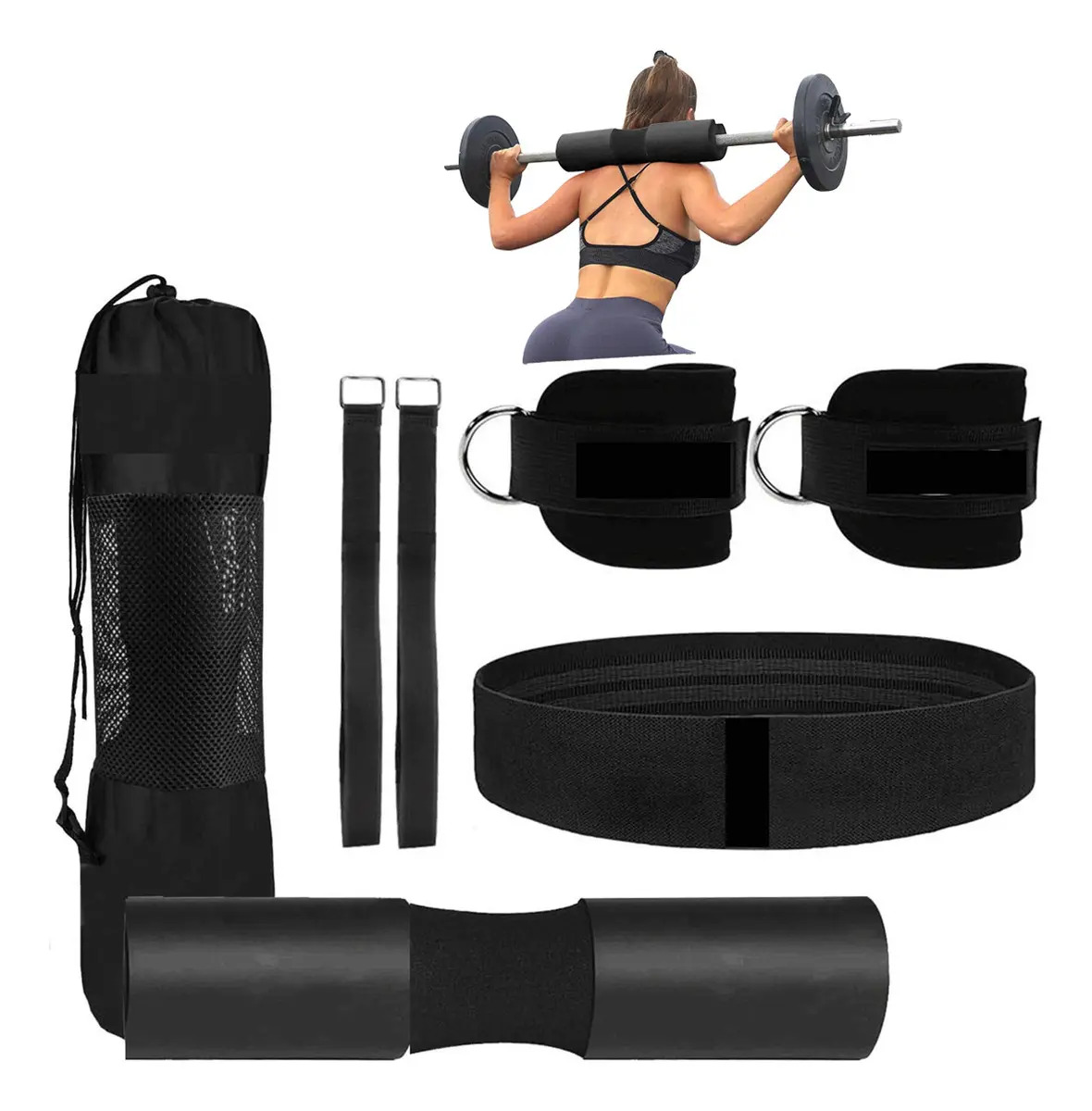 Kit Cojín Protector De Cuello, Juego De Almohadilla Barra gym 3 en 1, Portátil Barbell Pad Set Para Sentadillas Gym Con 2 Correas De Tobillo 2 Muñequeras, 1 Banda De Resistencia Y 