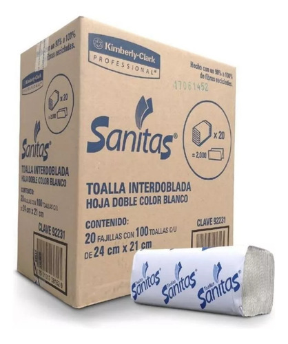 2 Cajas Toalla Interdoblada Sanitas Kimberly Con 2000 Pz C/u