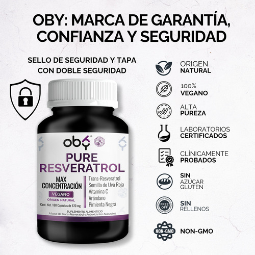 Resveratrol 100% Puro Y Vegano | Alto Contenido Polifenoles | Potenciado Pimienta Negra, Semilla Uva, Vitaminas Y Arándano | Suplemento Alimenticio | Trans Resveratrol Oby Antioxidante 180 Capsulas
