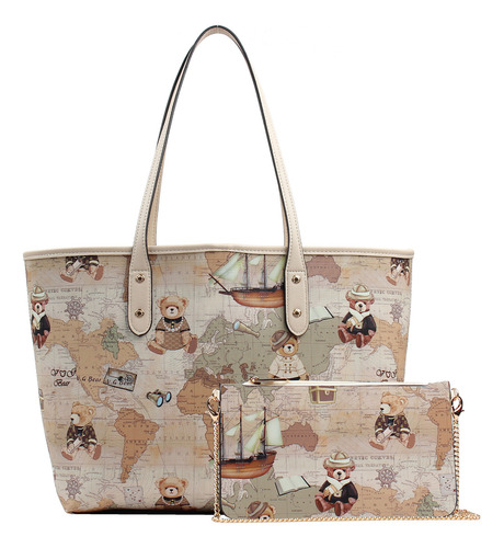 Bolsa Tote En Set Van Gogh Bear Vgb097ttb De Cuero  Beige Mapa Asas Color Negro