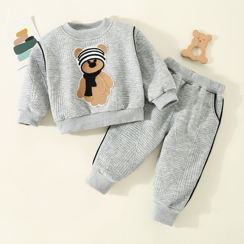 Conjunto Casual Niños Estilo Tejido Con Estampado De Osito Gris 12-18 Meses