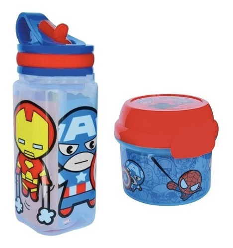 Imagen 1 de 4 de Avengers Kawaii Set Colación Botella De Agua + Porta Snack