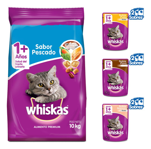 Imagen 1 de 10 de Whiskas Combo Gato Adulto Alimento Pescado 10kg + Sobres 6u