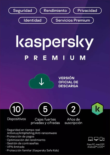 Kaspersky Premium ( Total Security ) 2024 - 10 Pcs - 2 Años 