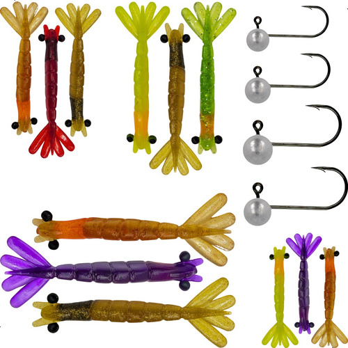 Kit 12pçs Camarão Artificial + 4pçs Jig Head Fishing Sports